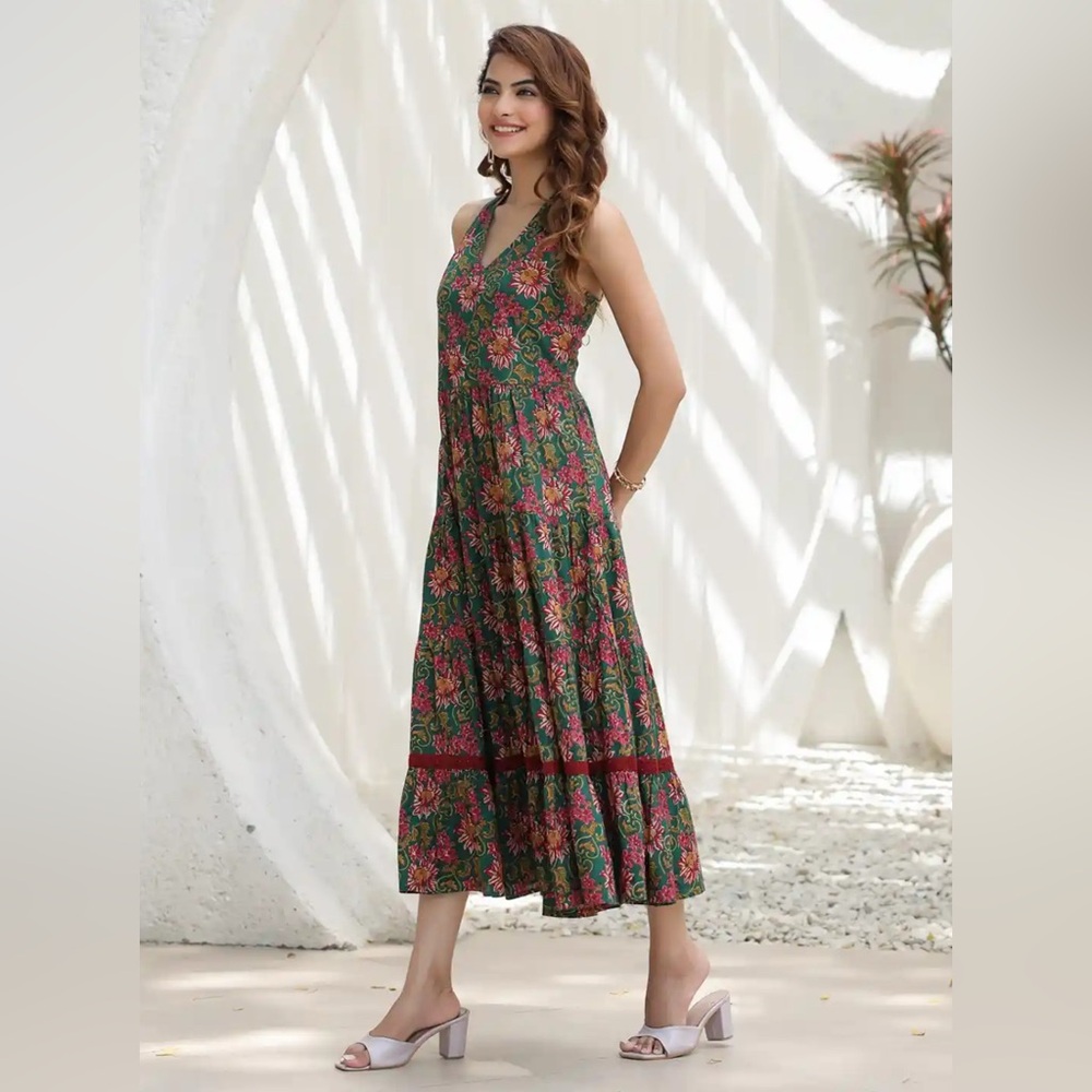 Rain & Rainbow Indian Floral Green Maxi Dress